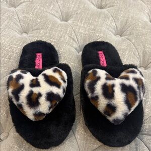 Betsey Johnson Black Slippers with Leopard Heart Accent